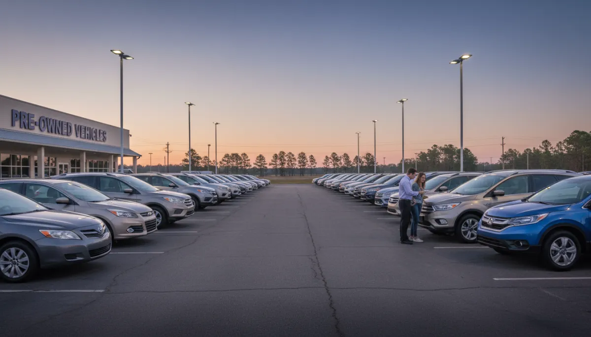 photorealistic early evening scene outside a small-town Georgia used car lot in Waycross, rows of clean pre-owned sedans and SUVs under soft lot lighting, a salesperson talking with a young couple near a mid-size SUV, subtle neutral color palette with gray pavement and beige building, faint pine trees and flat horizon in the background