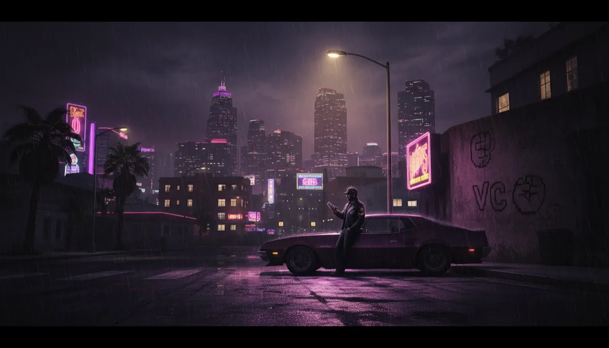 cinematic, moody, neon urban night street drenched in rain, reflections of purple, burgundy, and gold lights on wet asphalt, distant skyline resembling Vice City, lone figure in leather jacket leaning on a muscle car under a flickering streetlamp, subtle nods to classic GTA iconography