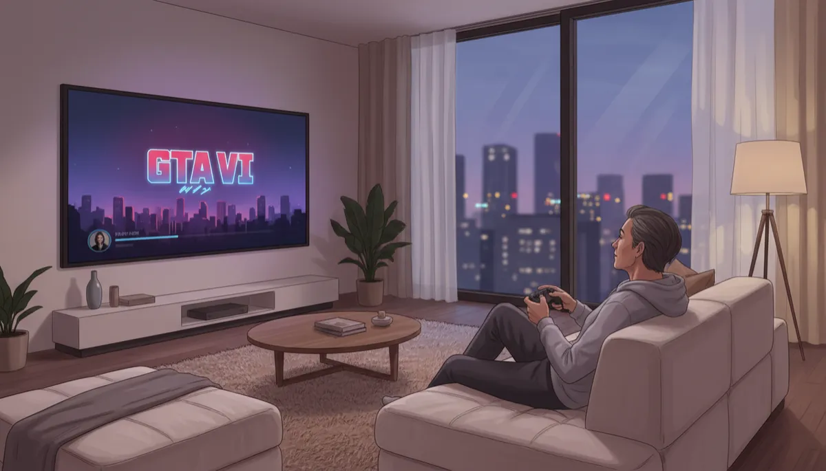 stylized/illustrative neutral-toned artwork of a living room at dusk, a 40-something gamer relaxing on a couch with a controller, GTA VI logo glowing on a large TV screen, subtle Netflix interface elements in the corner, city skyline reflections in the window