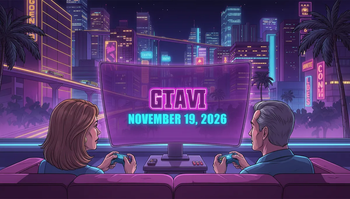 stylized/illustrative neutral‑tone artwork of a nighttime neon city inspired by Vice City, with two middle‑aged players on a couch in the foreground holding controllers, TV screen showing GTA VI logo and November 19, 2026 date in bold overlay text