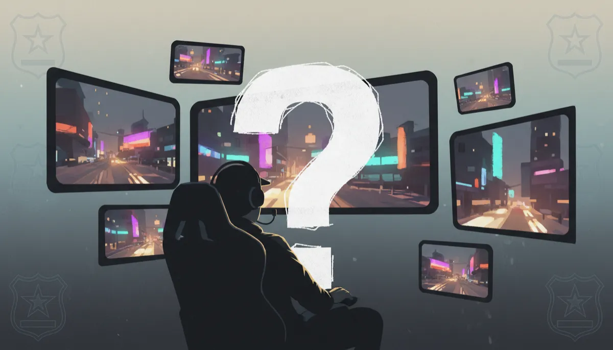 stylized/illustrative neutral‑tone artwork of a silhouetted gamer watching multiple blurred GTA‑style city scenes on floating screens, with a big question mark overlay and subtle police stars icons in the background