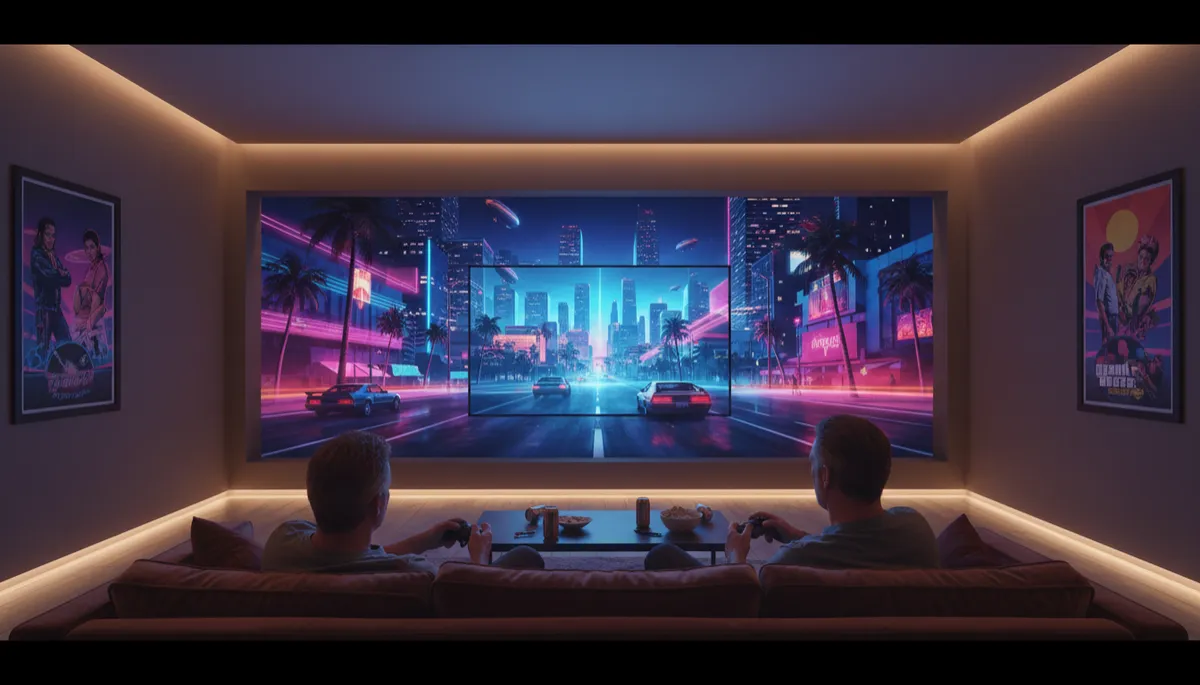 photorealistic night-time city street inspired by Vice City and Miami, two slightly older gamers in their 30s-40s sitting on a couch with controllers, glow from a large TV showing a vibrant open-world skyline, room lit softly with neutral tones and a few nostalgic GTA posters on the wall