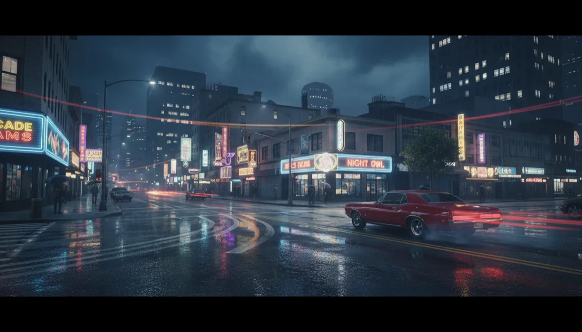 photorealistic nighttime city street inspired by Grand Theft Auto, neon-lit storefronts, a classic sports car screeching around a corner, rain-slick asphalt reflecting lights, subtle neutral color palette