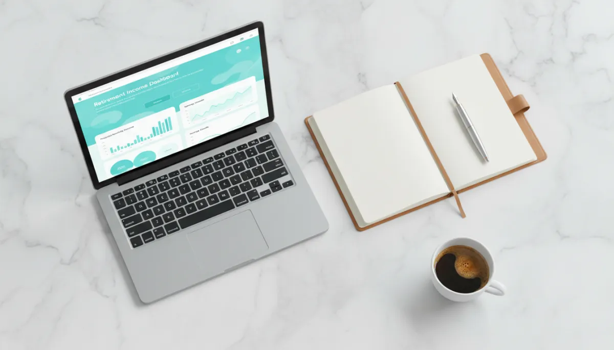 Retirement income planning dashboard on a sleek laptop beside luxury accessories