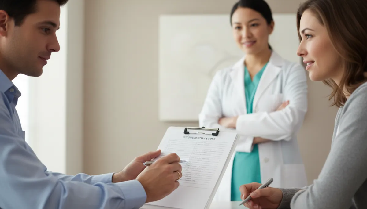 Patient and supporter reviewing questions with a doctor in a professional setting