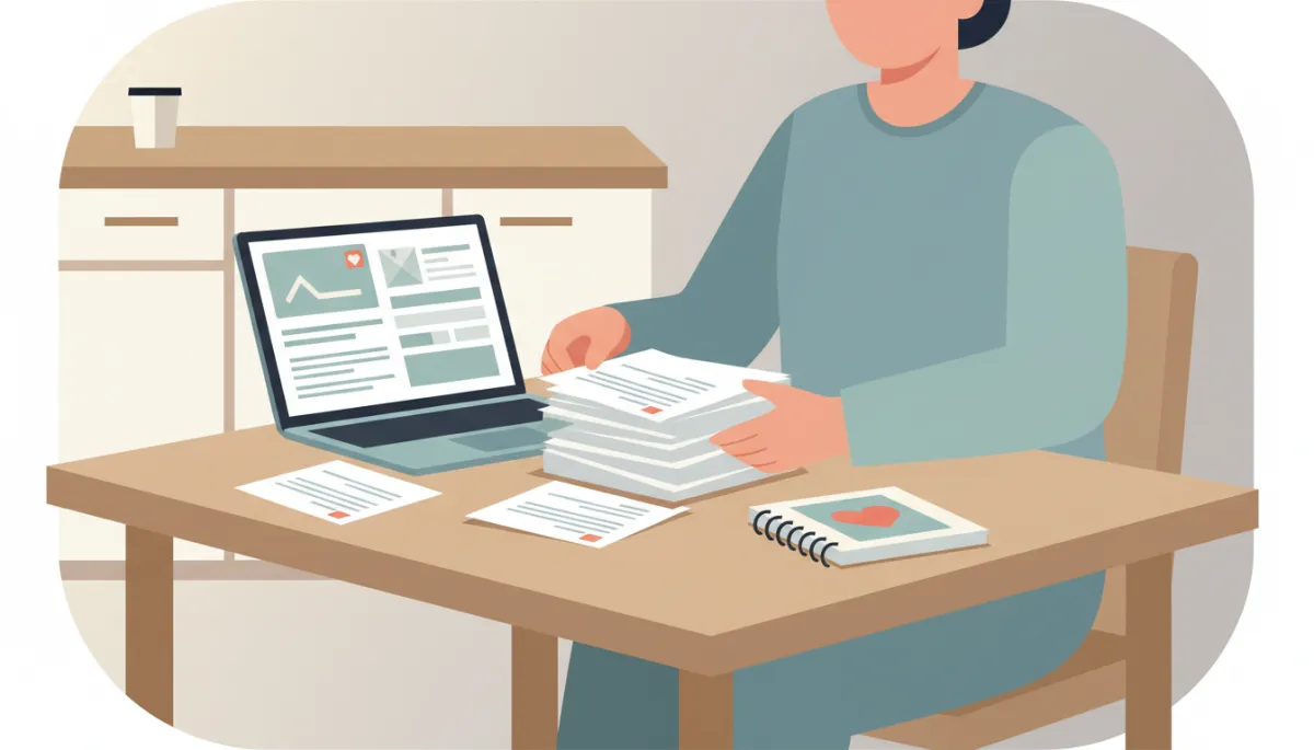 Person organizing medical paperwork and symptom notes at a kitchen table
