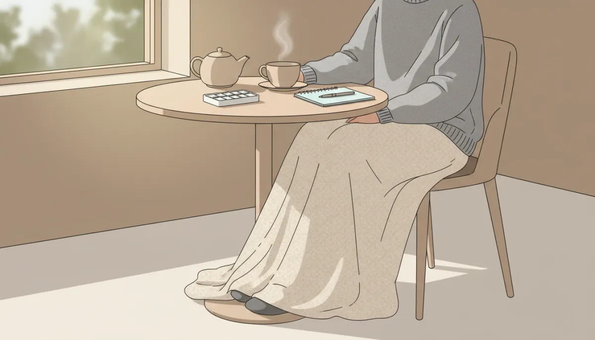 Person with invisible illness resting with tea, notebook, and medication organizer