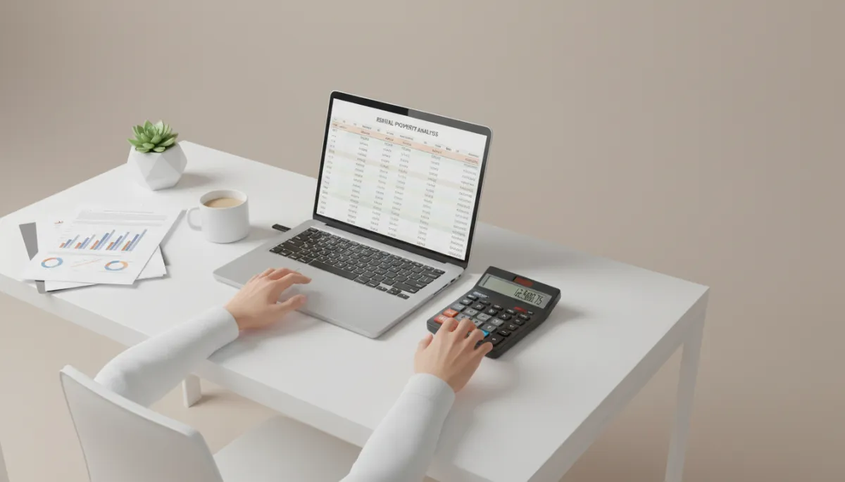 Investor calculating rental property expenses and cash flow at a home office desk