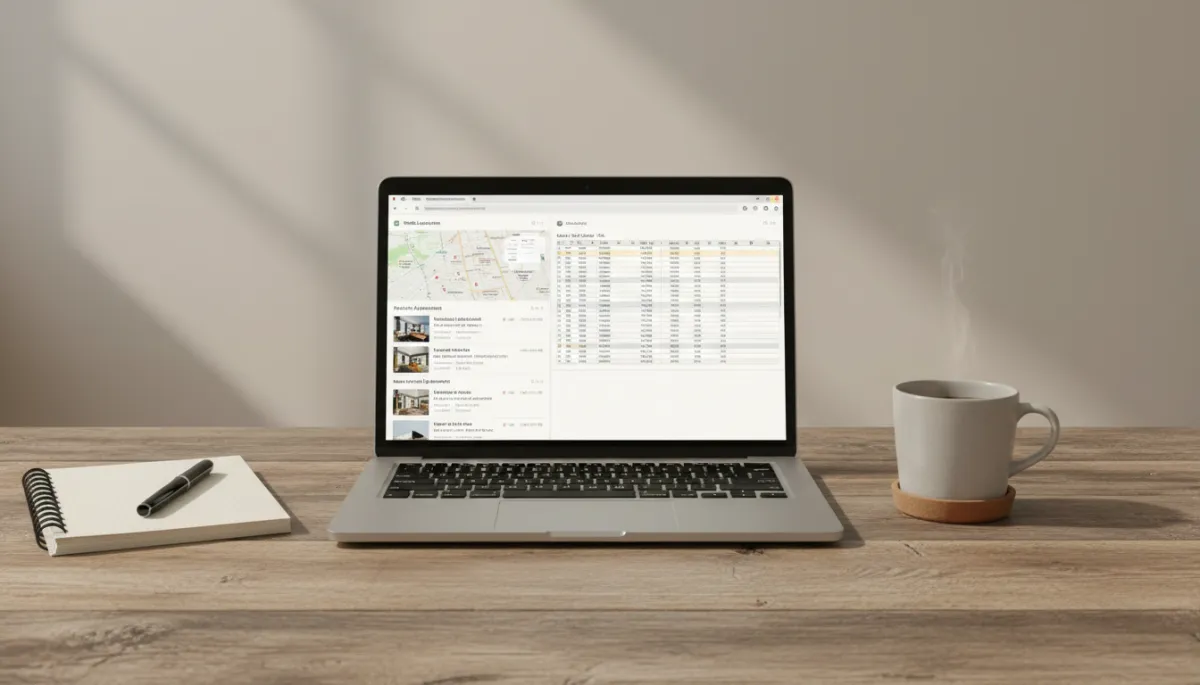 Laptop showing rental listings and a spreadsheet of projected income and expenses