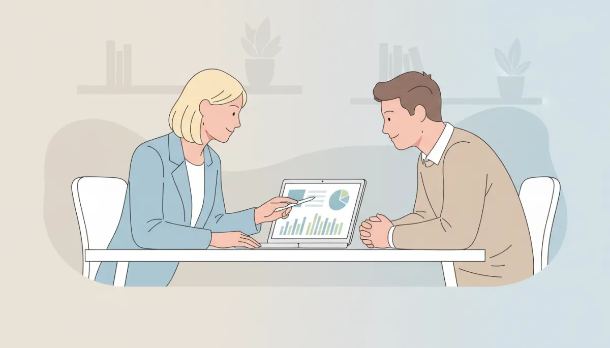 Investor and real estate agent reviewing numbers on a laptop