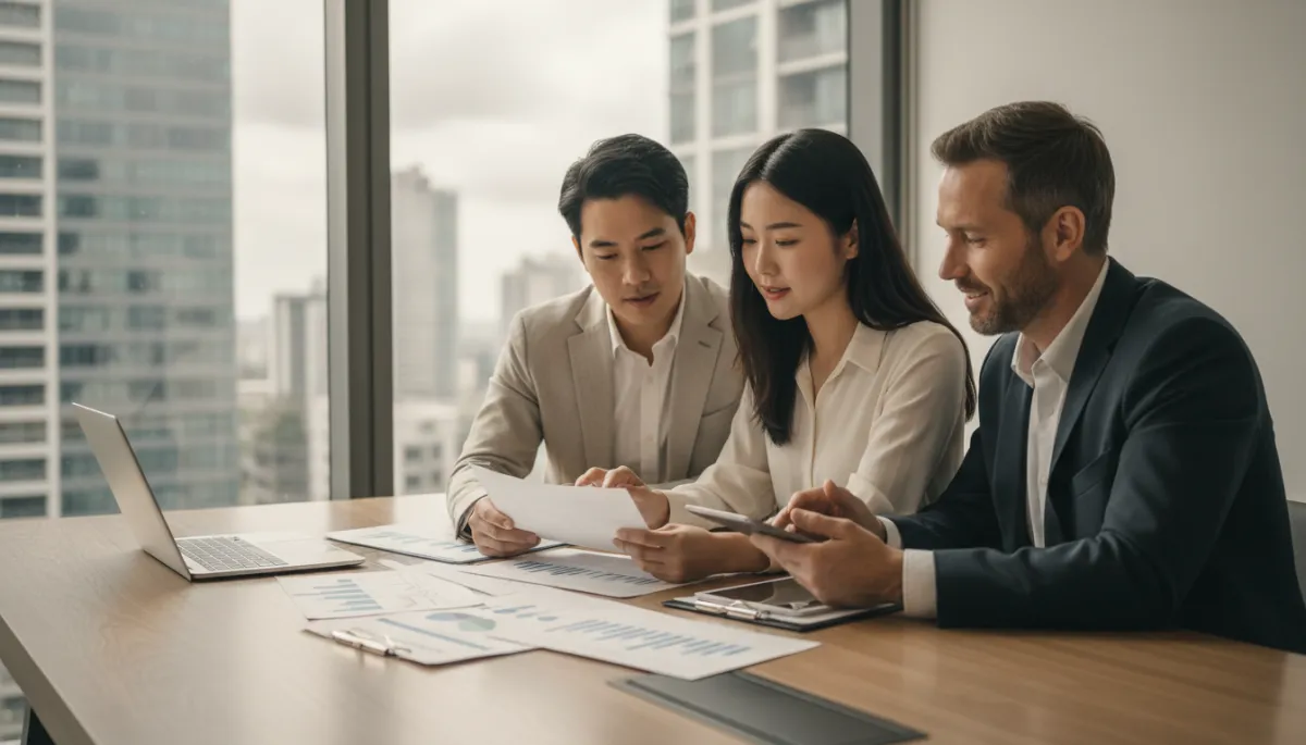 professional neutral-toned photo of a young couple and a real estate agent reviewing property investment documents at a modern wooden table, soft natural light, subtle city skyline visible through window