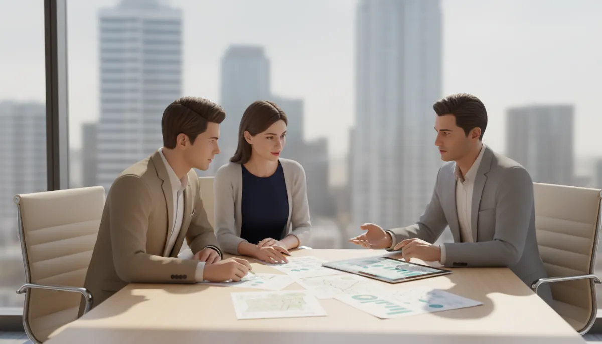 professional neutral-toned photo of a young couple and their advisor reviewing property investment documents at a modern office table, soft natural light, subtle city skyline in background