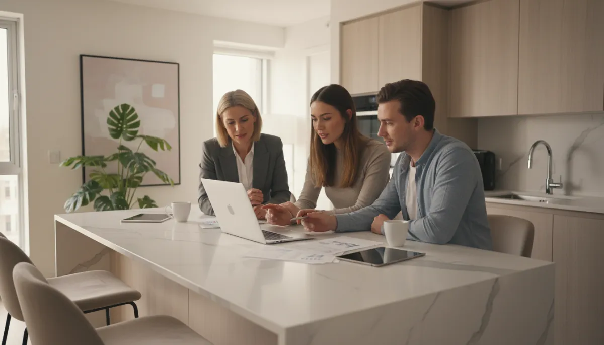 professional neutral-toned photo of a young couple and their real estate agent reviewing rental property numbers on a laptop at a kitchen island, soft natural light, modern apartment interior, professional style