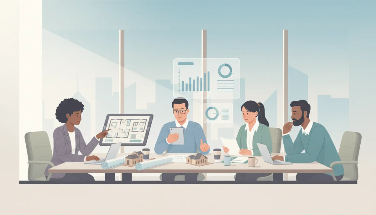professional neutral-toned photo of diverse real estate team around a conference table reviewing property plans and financial charts, bright natural light, modern office setting