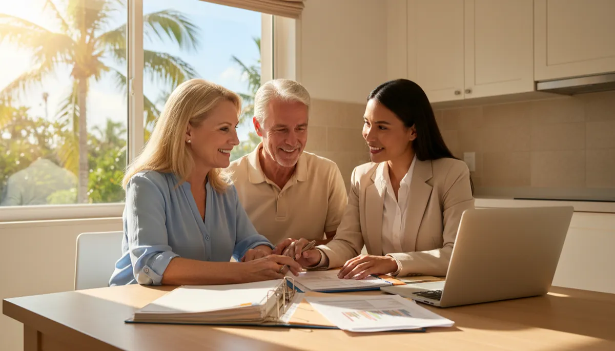 photorealistic neutral-color scene of a smiling Florida senior couple sitting at a kitchen table with paperwork and a laptop, sunlight coming through the window, palm trees visible outside, friendly insurance agent pointing at a document