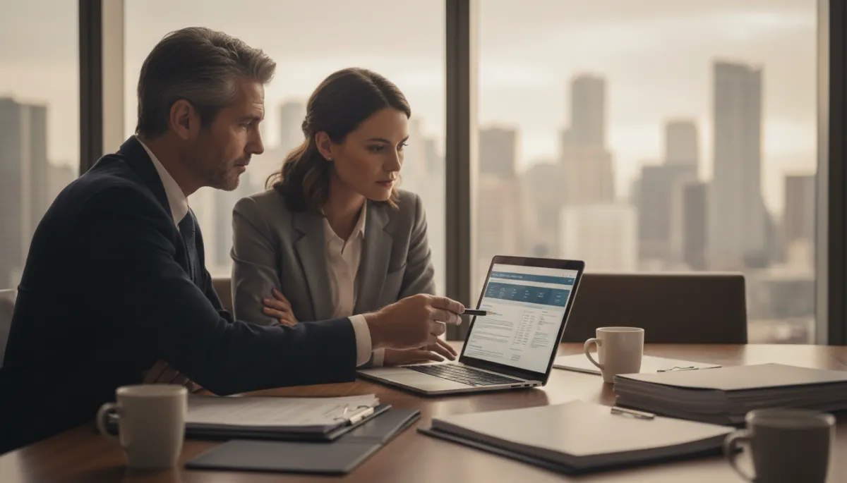 Real estate lawyer and client reviewing a property title report together
