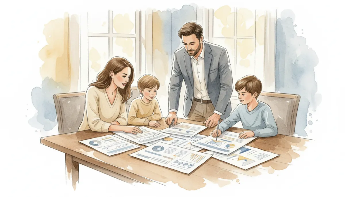 Family reviewing a structured home selling and renovation strategy with a real estate agent Family reviewing a structured home selling and renovation strategy with a real estate agent