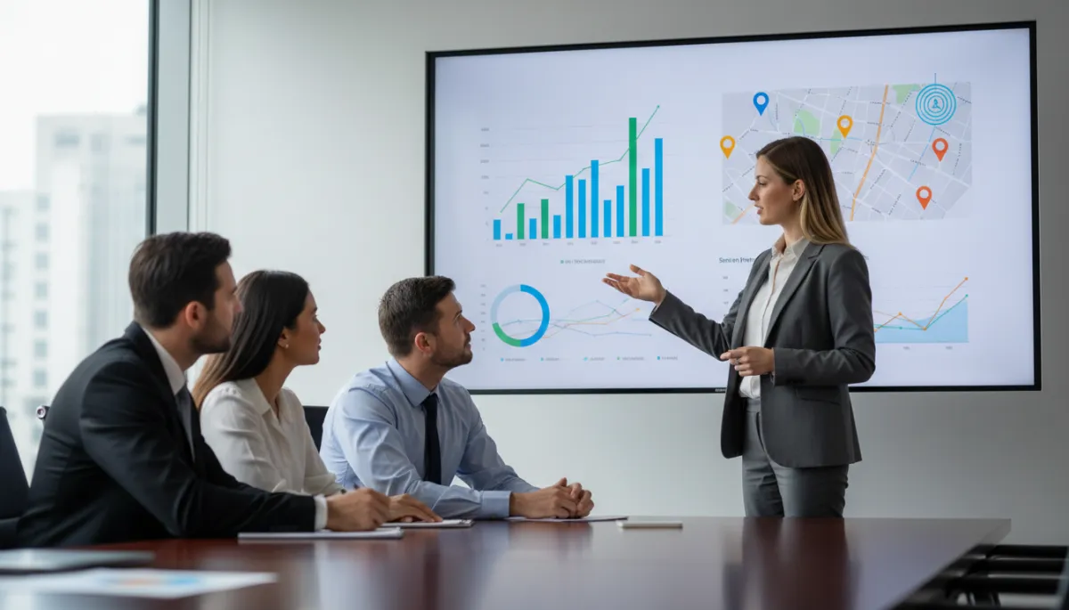 professional neutral-toned photo of a marketing consultant presenting a local SEO performance report to a small group of business owners in a conference room, charts and maps visible on a large screen professional neutral-toned photo of a marketing consultant presenting a local SEO performance report to a small group of business owners in a conference room, charts and maps visible on a large screen
