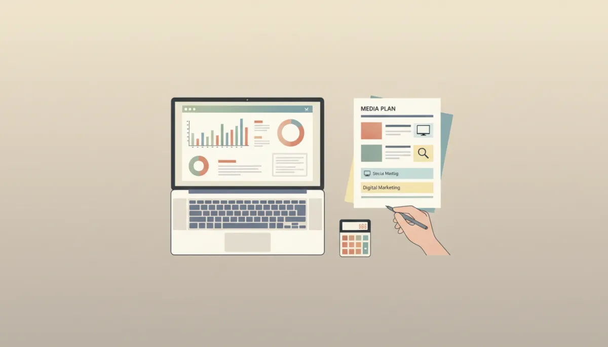professional neutral-toned flat lay of laptop showing analytics dashboard, printed media plan with highlighted channels, and a small business owner’s hands prioritising digital marketing spend with pen and calculator