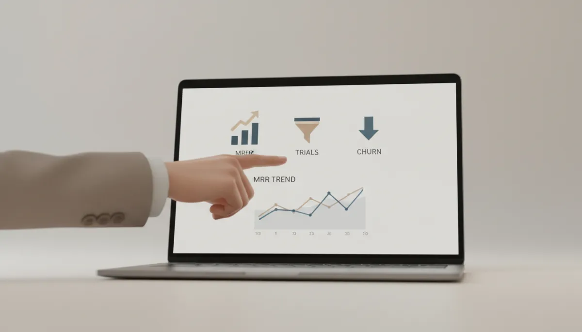 Marketing strategist reviewing SaaS KPIs and campaign performance on a laptop dashboard