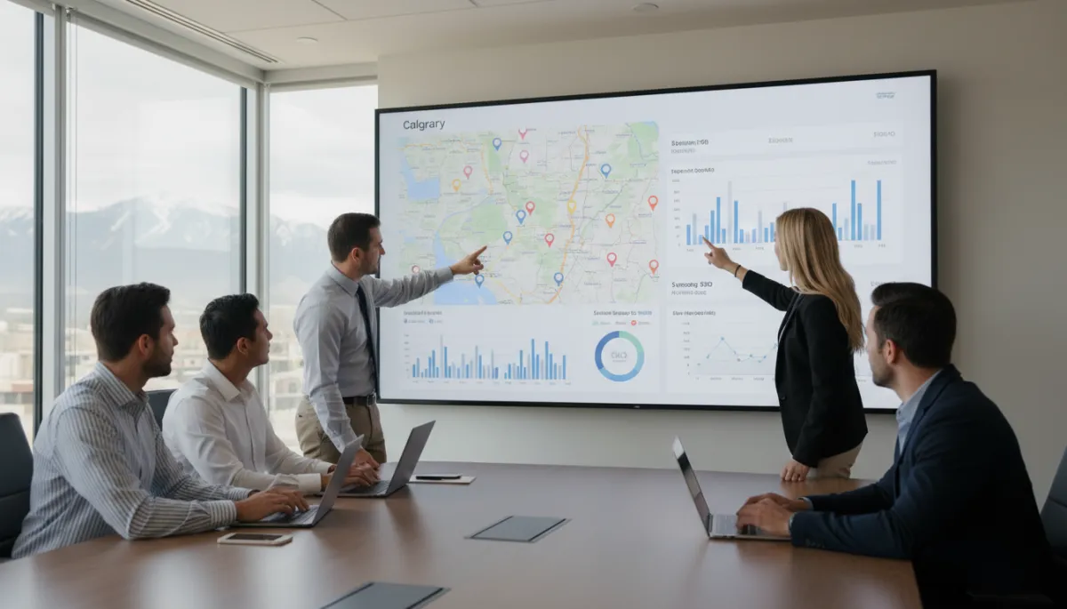Marketing team reviewing Calgary local SEO rankings and analytics Marketing team reviewing Calgary local SEO rankings and analytics