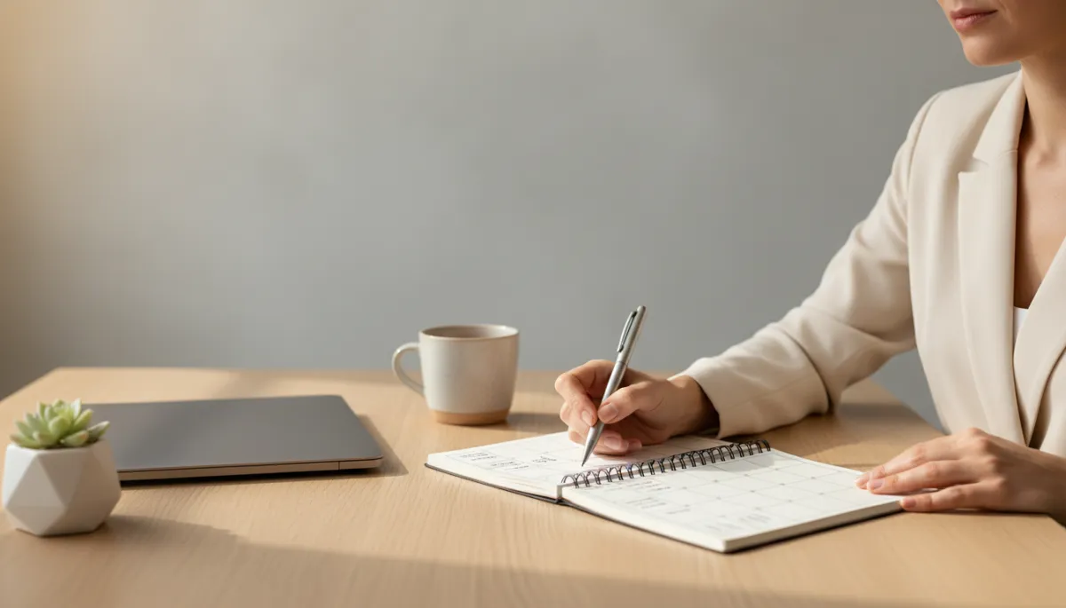 Person reviewing a weekly planner in a calm, neutral workspace Person reviewing a weekly planner in a calm, neutral workspace