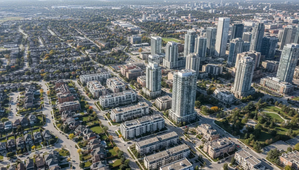 Aerial view of Canadian suburb blending into urban high-density housing
