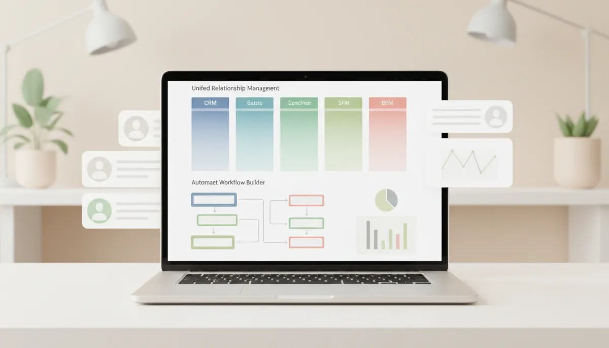 Laptop screen displaying a unified CRM pipeline and workflow builder Laptop screen displaying a unified CRM pipeline and workflow builder
