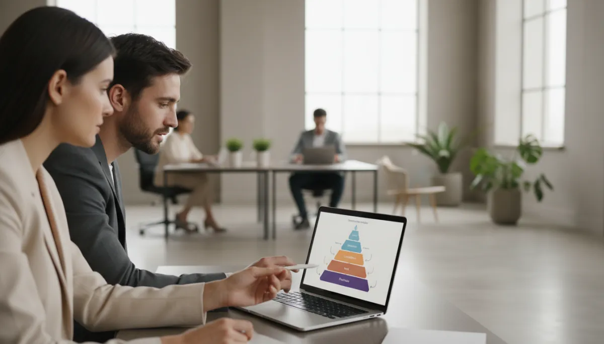 Agency strategist and business owner collaborating on a marketing funnel on a laptop