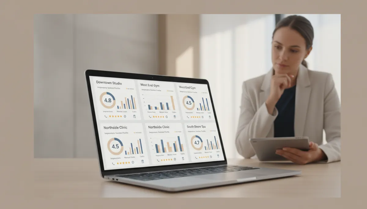 Dashboard showing multi-location local search performance metrics