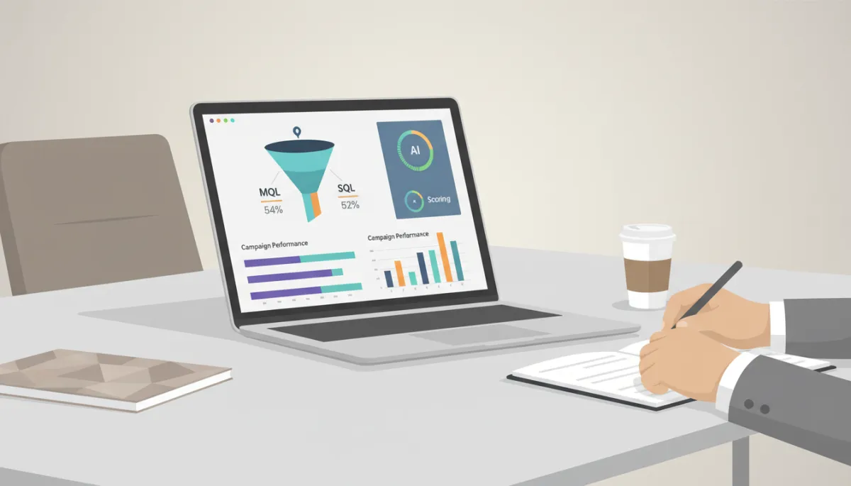 Laptop showing lead generation and AI scoring dashboard in a business meeting