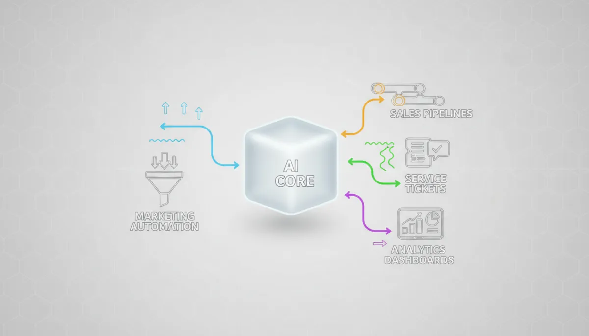 professional neutral-toned diagram-style scene showing an AI-powered CRM stack connecting marketing automation, sales pipelines, service tickets, and analytics dashboards, with clear labeled flows