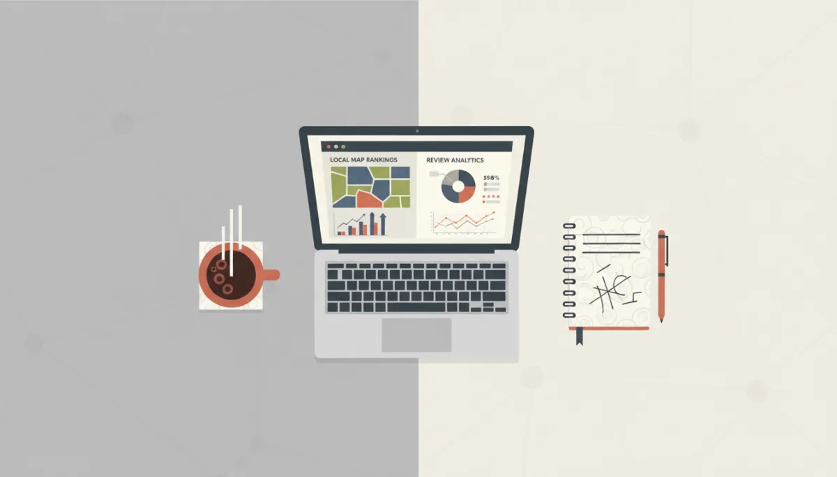 Laptop displaying local SEO analytics including map rankings and reviews