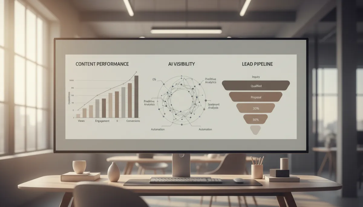 Analytics dashboard showing content performance, AI visibility, and pipeline metrics