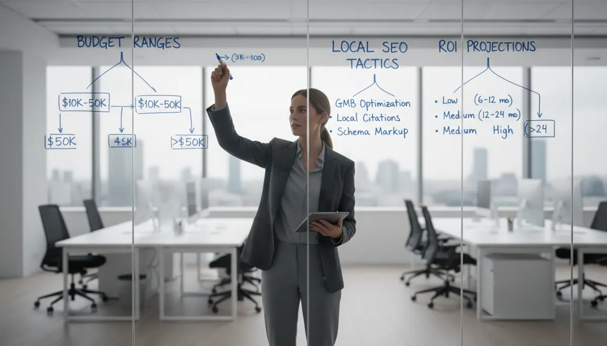 Strategist mapping local SEO budget and strategy decision paths on a glass board