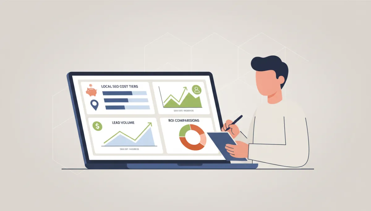 professional neutral-toned analytics dashboard on a laptop showing local SEO cost tiers, lead volume, and ROI comparisons, with a business owner taking notes beside the device