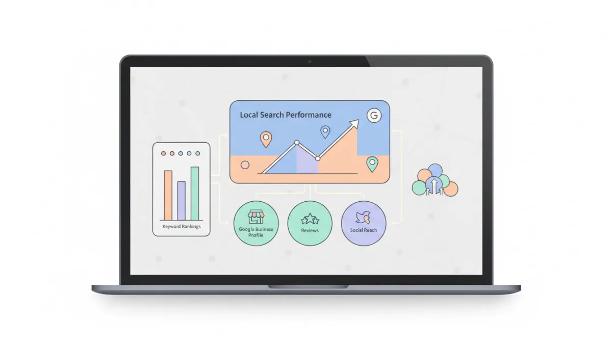 professional neutral-toned dashboard view showing interconnected local SEO metrics, Google Business Profile stats, reviews, and social media signals on a laptop screen