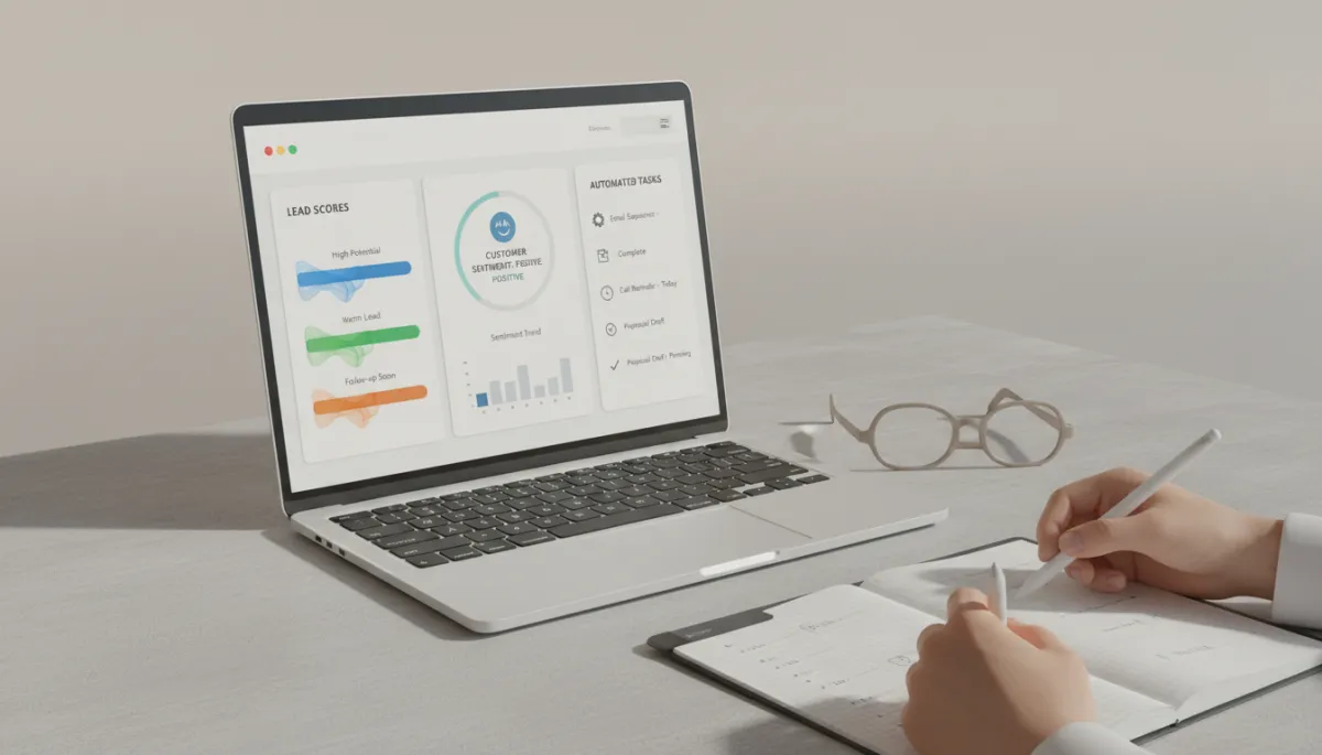 Laptop displaying AI-driven CRM lead scores and task automation in a professional workspace
