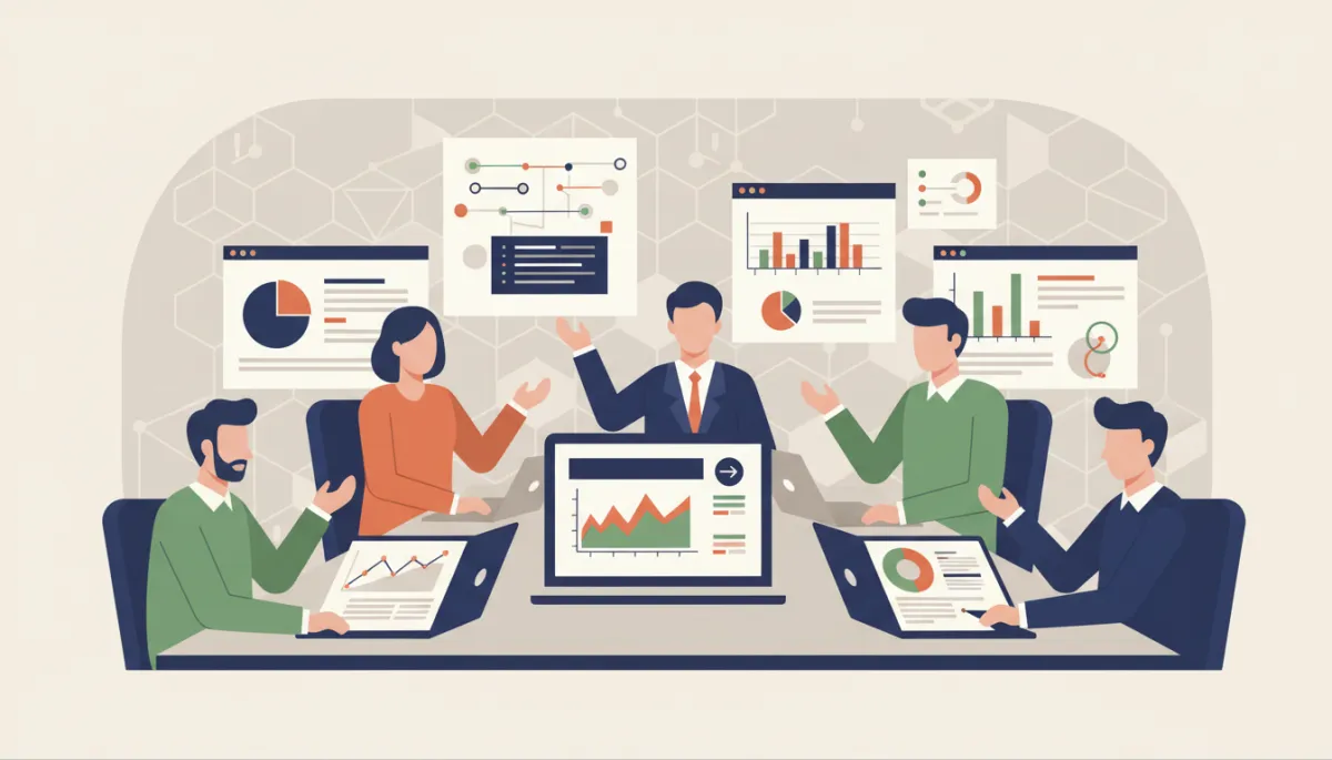 professional neutral-toned analytics war-room style setting with marketing and sales analysts collaborating around laptops displaying AI CRM performance dashboards and predictive lead scoring charts professional neutral-toned analytics war-room style setting with marketing and sales analysts collaborating around laptops displaying AI CRM performance dashboards and predictive lead scoring charts
