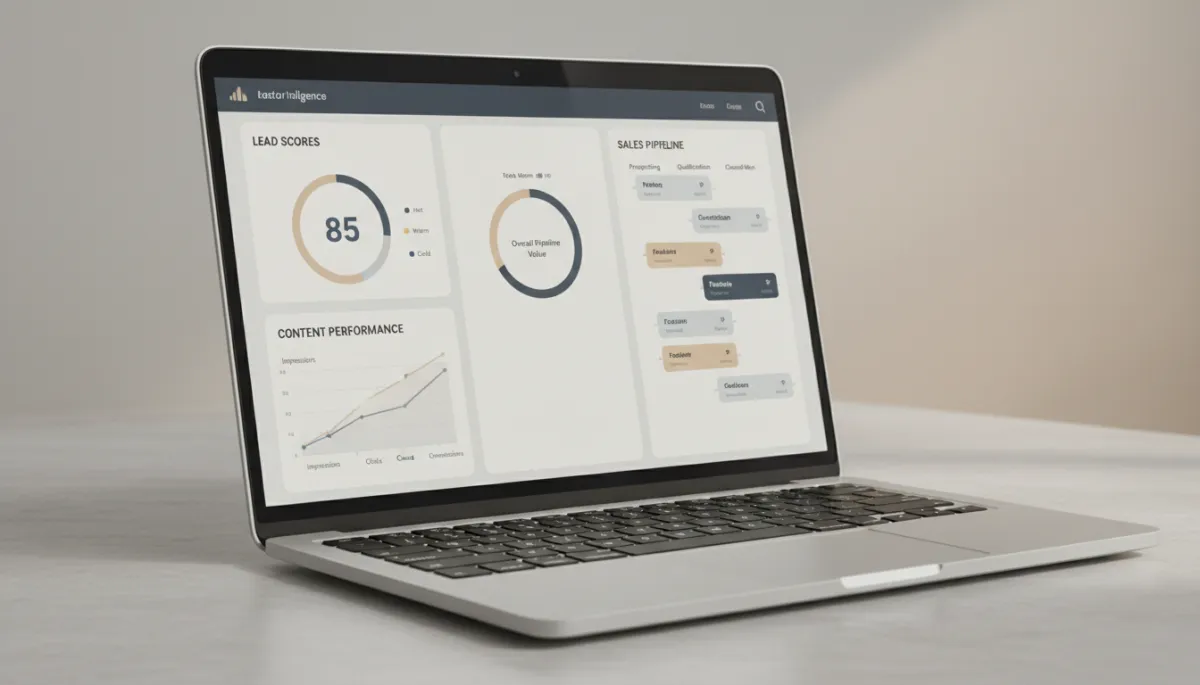 AI CRM dashboard showing lead scores and pipeline analytics on a laptop AI CRM dashboard showing lead scores and pipeline analytics on a laptop