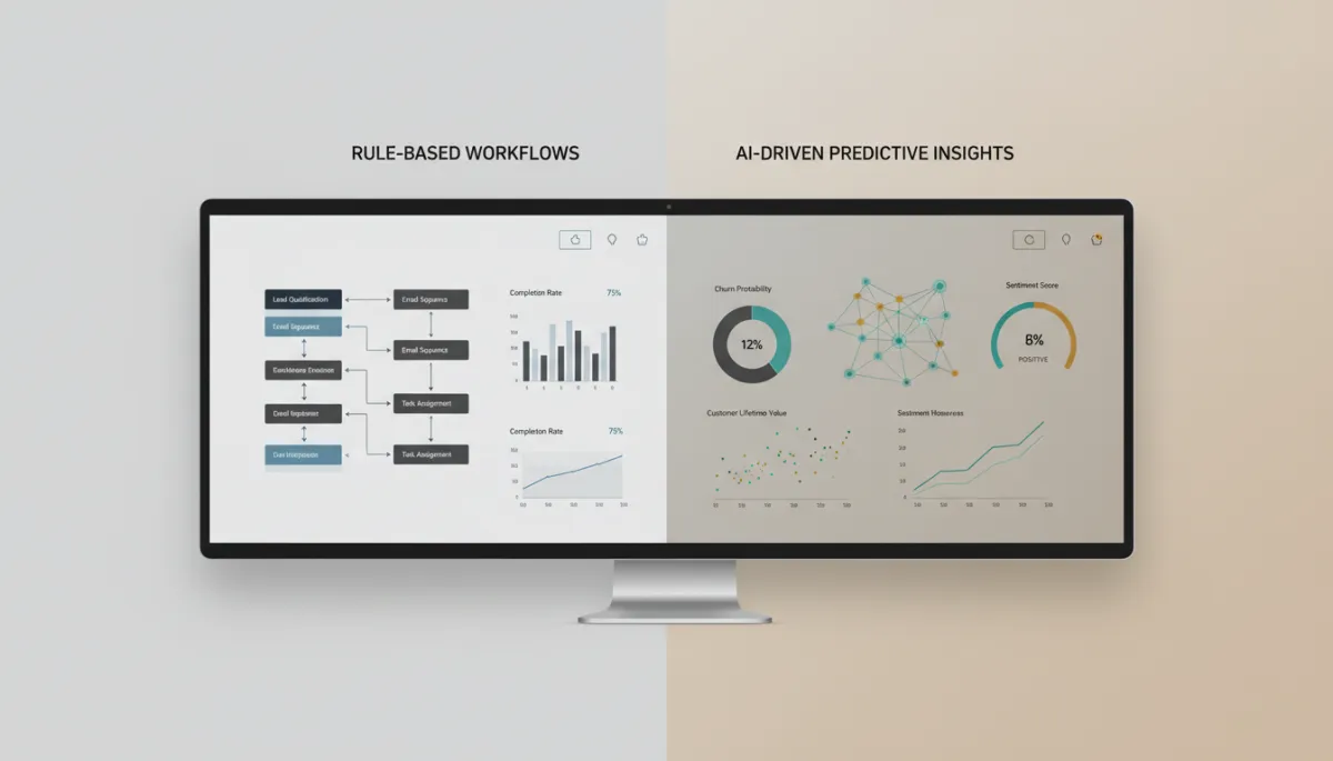 Dashboard comparing CRM rule automation with AI-driven predictive automation