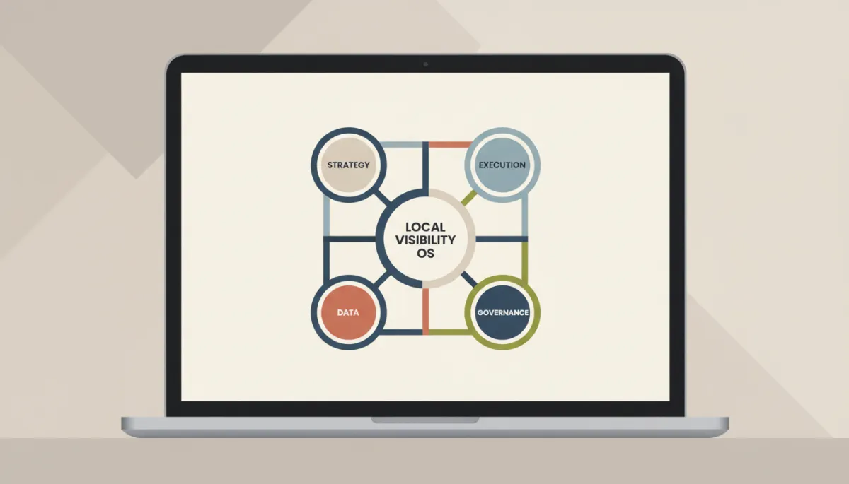 Strategic framework diagram illustrating a connected local visibility operating system