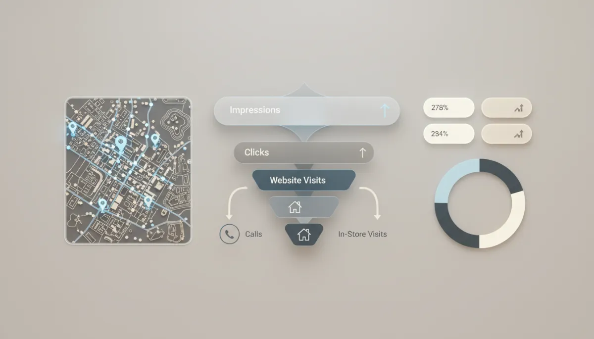 Dashboard visualizing the local SEO funnel from search impressions to revenue outcomes
