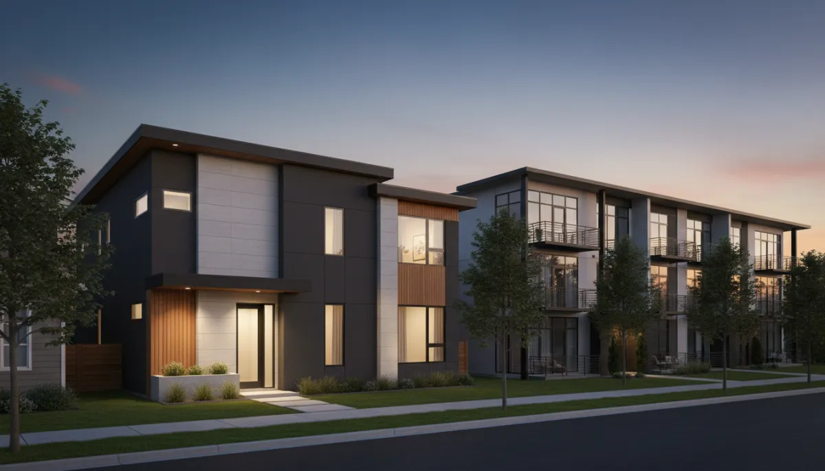 professional street-level view of a modern Calgary infill home with secondary suite entrance and nearby mid-rise apartments, neutral tones, early evening light
