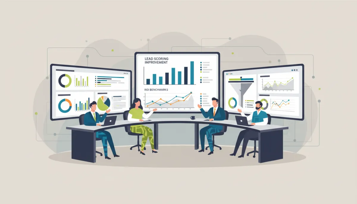 professional neutral-toned analytics war room view of a cross-functional revenue team examining AI-driven CRM dashboards on multiple screens, charts highlighting lead scoring improvements and ROI benchmarks, consistent professional style professional neutral-toned analytics war room view of a cross-functional revenue team examining AI-driven CRM dashboards on multiple screens, charts highlighting lead scoring improvements and ROI benchmarks, consistent professional style