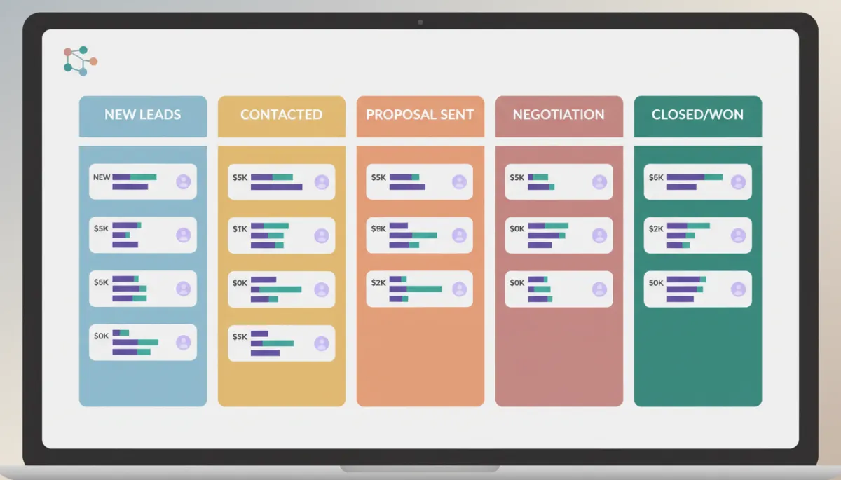 GoHighLevel-style CRM pipeline view on a laptop screen
