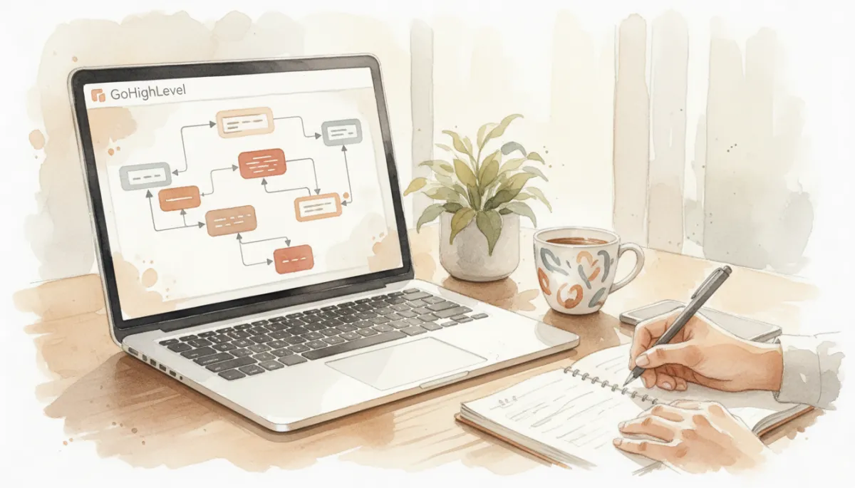Professional reviewing GoHighLevel-style sales pipeline and automation workflow on laptop Professional reviewing GoHighLevel-style sales pipeline and automation workflow on laptop