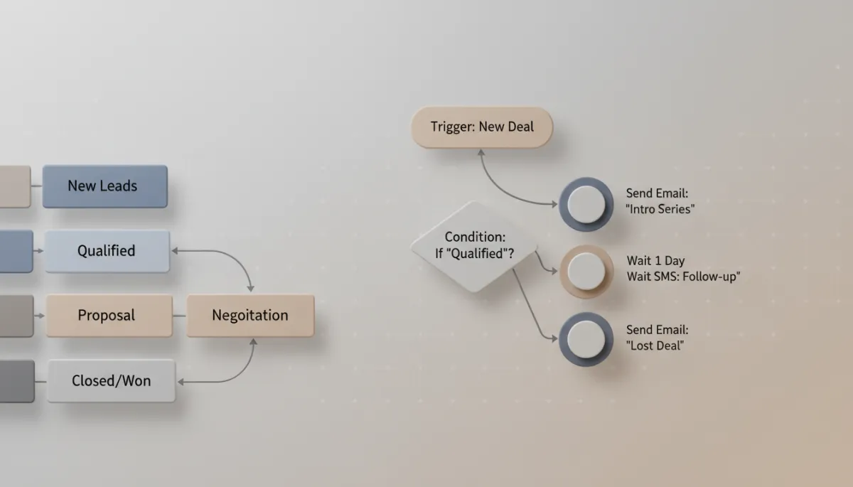 Split view of GoHighLevel-style CRM pipeline and automated marketing workflow