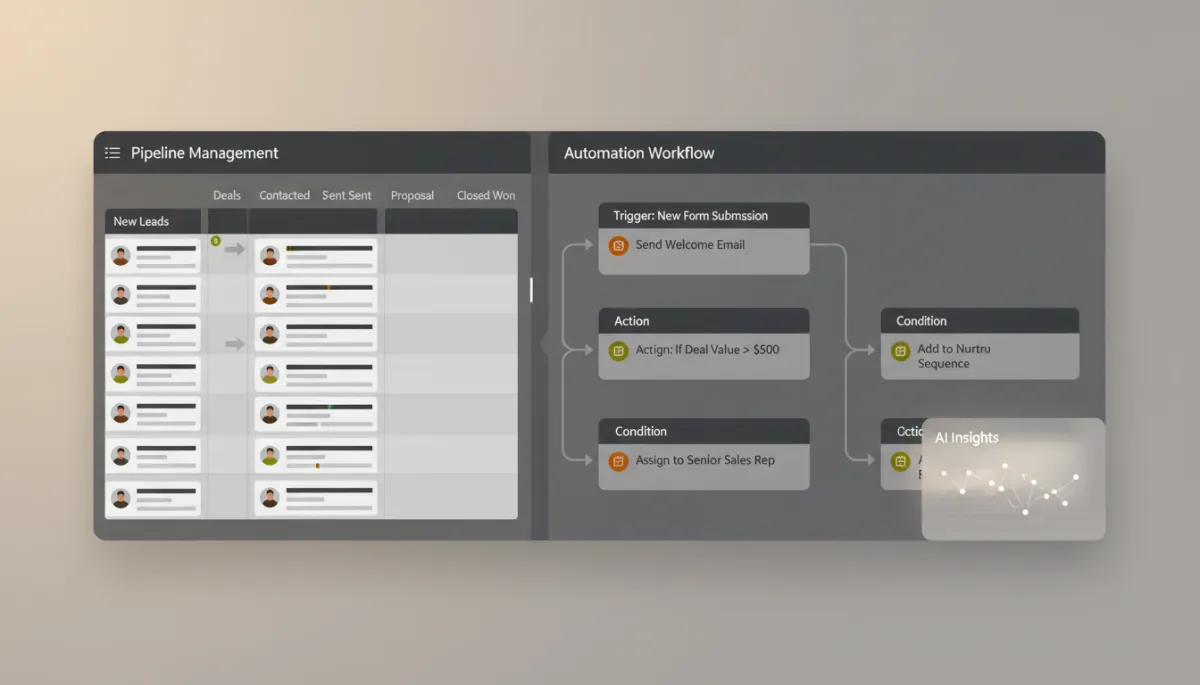 professional neutral-toned screenshot-style illustration of GoHighLevel CRM pipeline and automation workflow side by side, with AI insights panel highlighted