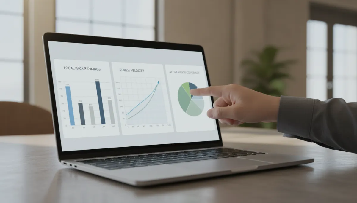 Consultant analyzing local SEO audit metrics on a laptop dashboard